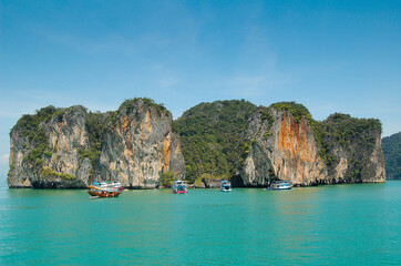 The Phi Phi Islands archipelago in Thailand. View of the beautiful mountain islands from the sea.