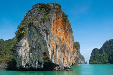 The Phi Phi Islands archipelago in Thailand. View of the beautiful mountain islands from the sea.