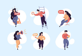 Business project. Characters managers startup success investors presentation marketing garish vector flat illustrations. Man and woman development startup project