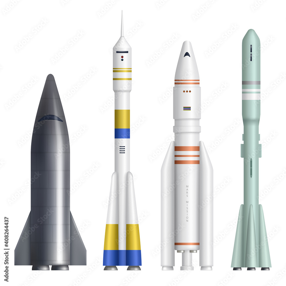 Aufkleber realistic rocket. spaceships launch futuristic shuttle for universe exploring expedition decent vect