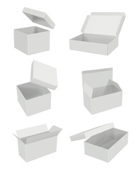 Opening blank boxes. Realistic mockup white cardboard gift packages decent vector 3d set. Cardboard pack box, square mockup illustration