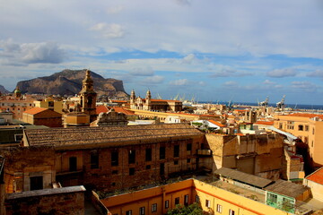 Obraz premium Palermo, Italy, September 03, 2017, Monastery of Santa Caterina, panoramic photo of the city from the monastery from which you can see a church and in the background the cranes of the port yard