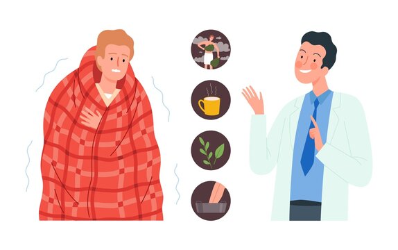 Non medication flu prevention. Natural immunization, eco medicine, homeopathy or naturopathy. Ill man and doctor vector concept. Illustration flu protection, prevention immunity