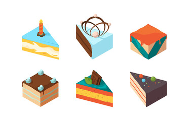 Cake pieces. Delicious isometric sweets tasty food birthday glazed gourmet products garish vector colored illustrations. Cream piece pie, homemade cheesecake delicious