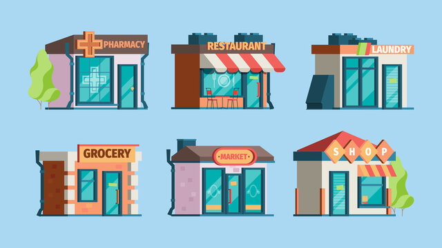 Urban stores. Retail shops in city exterior facade front view pharmacy caffe local restaurant garish vector flat pictures. Illustration city store and retail, pharmacy facade