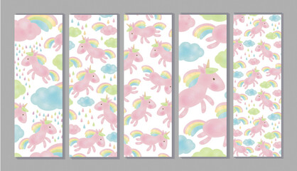 Vector set of cute Unicorns bookmarks. Unicorns backgrounds.