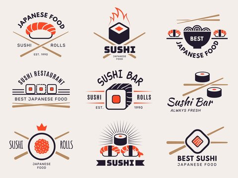 Sushi bar logo. Badges graphic templates with stylized illustrations of seafood for asian traditional kitchen restaurant menu pictures recent vector japanese oriental. Badge sticker sushi bar logo