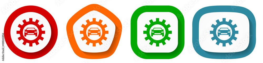 Poster auto service vector icon set, flat design buttons on white background