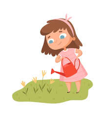 Girl watering flowers. Baby with watering can cares for garden. Isolated cute little cartoon child meadow vector illustration. Gardener cute young girl, cheerful character person