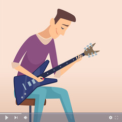 Musician tv show. Live stream, guy teaching guitar playing. Blogger or composer, online video music vector illustration. Musical teaching, education hobby play music