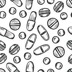 Seamless pattern with cute hand drawn pills icons. Vector medical collection