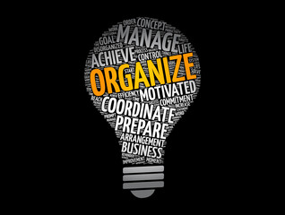 ORGANIZE light bulb word cloud collage, business concept background