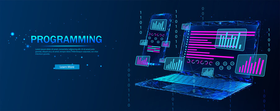 Web development and coding. Software, web development, programming concept. Abstract programming language and program code on the laptop screen. Technological process of software development. 