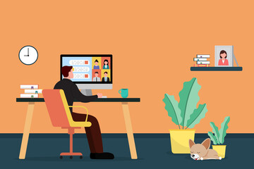 Working at home,concept illustration. Young mаn freelancer working on computer at home. Vector flat style illustration