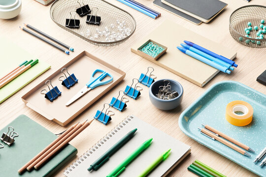 Table with various colorful stationery