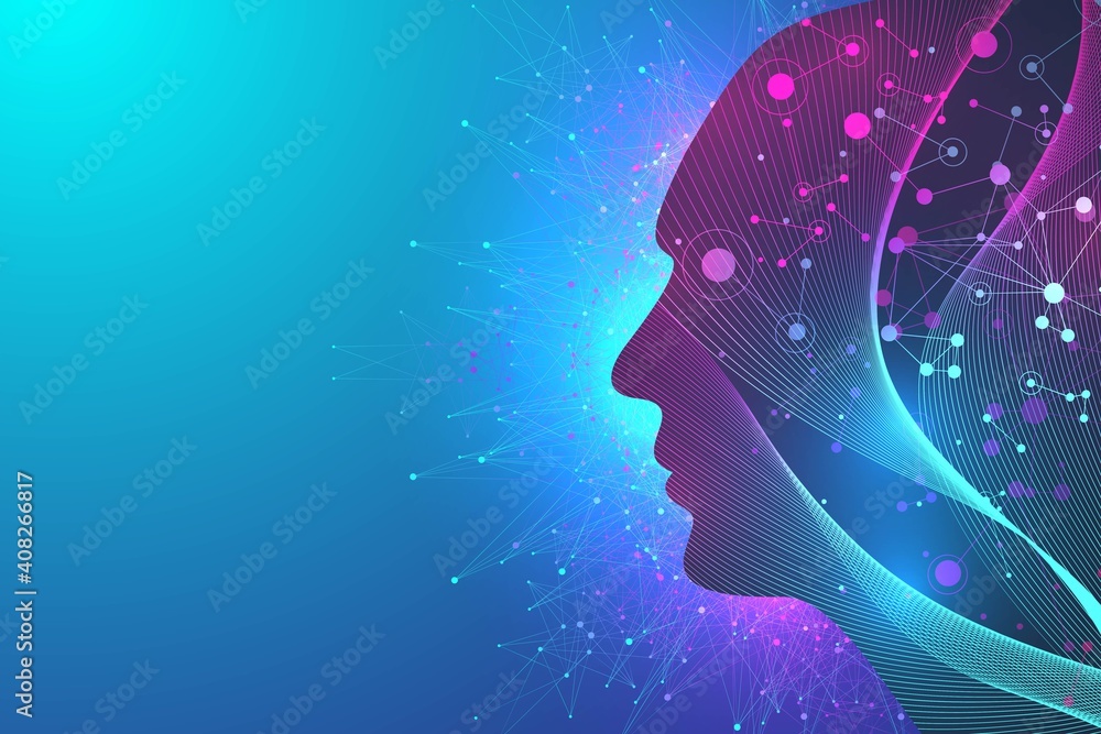 Poster Futuristic Artificial Intelligence and Machine Learning Concept. Human Big Data Visualization. Wave Flow Communication, Scientific illustration.