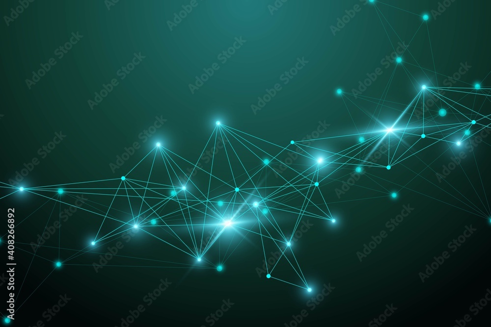Poster Big data visualization. Geometric abstract background visual information complexity. Futuristic infographics design. Technology background with connected line and dots, wave flow illustration