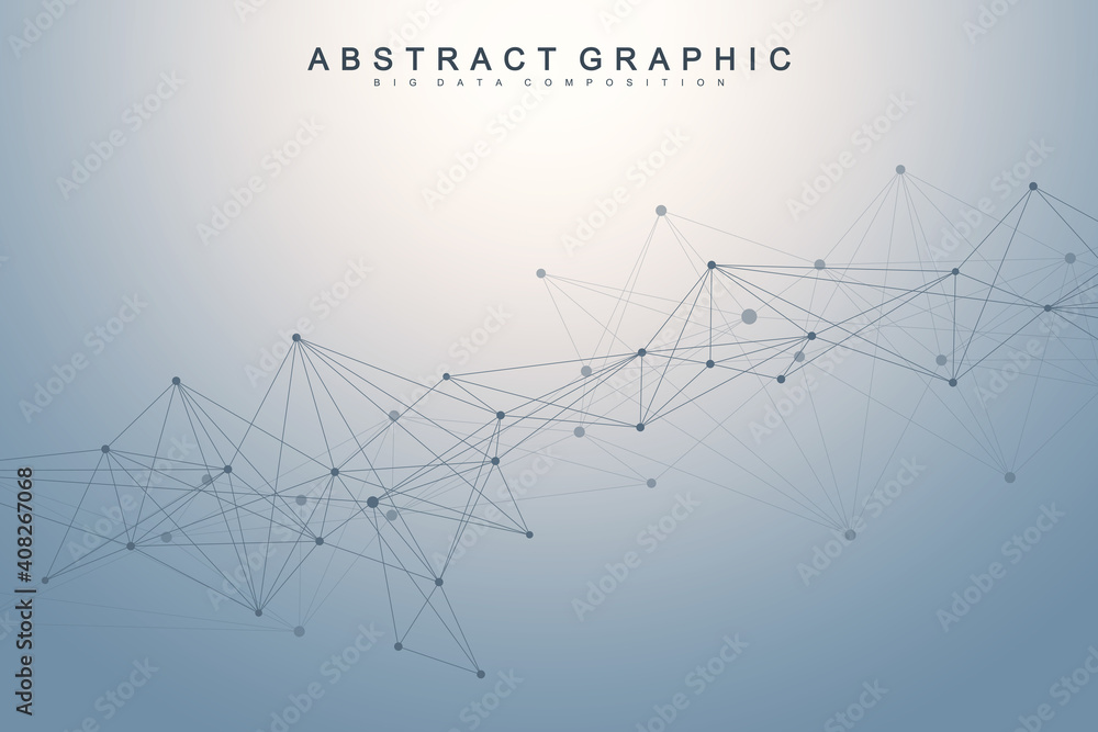 Poster Big data visualization. Geometric abstract background visual information complexity. Futuristic infographics design. Technology background with connected line and dots, wave flow illustration