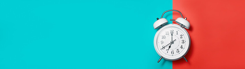 White clock alarm in vintage style on red green background with place for text