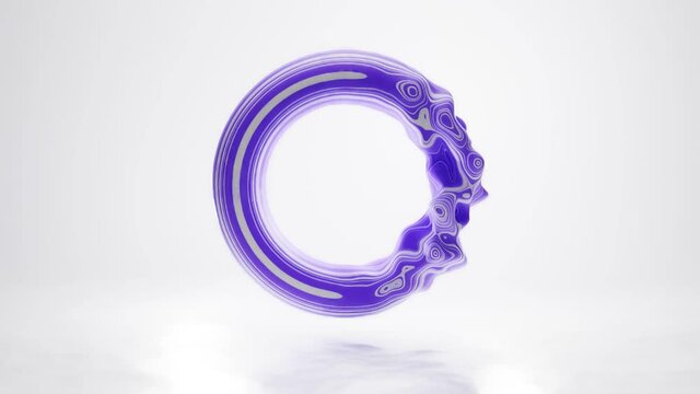 Abstract ring, circle, zero sign or donut in curved smooth forms, in glossy and glass material purple violet colored on white background, pulsation of fluid motion, surreal dynamics, 3d animation.