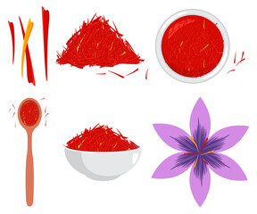 Fototapeta premium Saffron flower and spice vector cartoon set isolated on a white background.