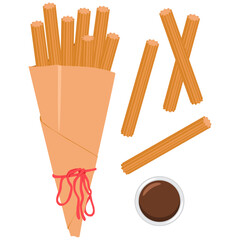 Churros in packet with sauce vector cartoon illustration isolated on a white background.