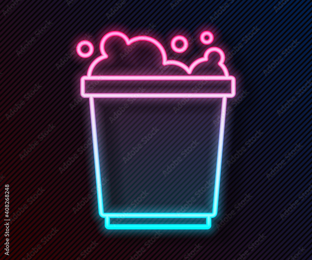 Poster glowing neon line bucket with foam and bubbles icon isolated on black background. cleaning service c