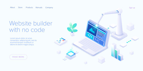 Website builder illustration in isometric vector design. Web development cloud-based service. Saas app for responsive web site.