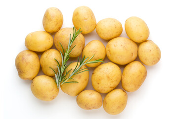 New potato and rosemarin isolated on white background close up.