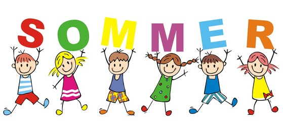 Happy kids and banner with text summer, German language, vector funny illustration.