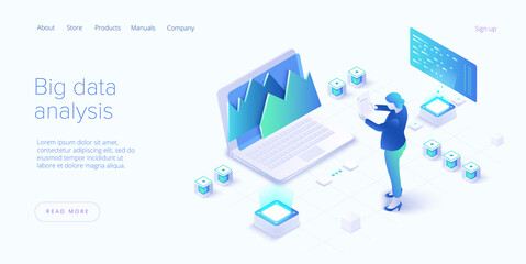 Big data analysis in isometric vector illustration. Abstract datacenter or data hosting server. .Computer storage or workstation. - obrazy, fototapety, plakaty