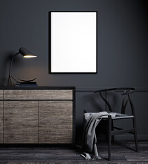Mockup poster frame in modern black interior background, Scandinavian style, 3D render, 3D illustration