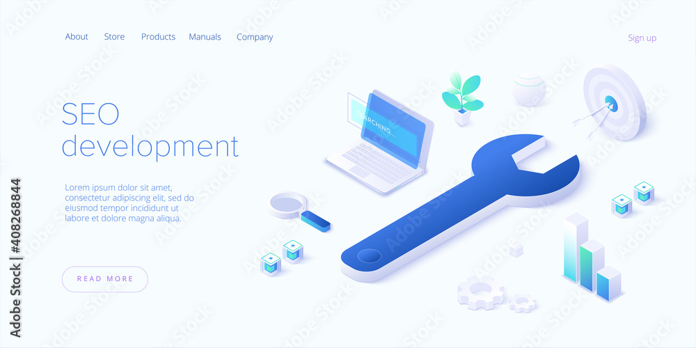 Poster seo development isometric vector illustration. website or webpage development concept. search engine
