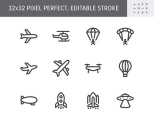 Air transport simple line icons. Vector illustration with minimal icon - airplane, balloon, ufo, helicopter, parachute, shuttle, drone, zeppelin pictogram. 32x32 Pixel Perfect. Editable Stroke © Phoenix Icons