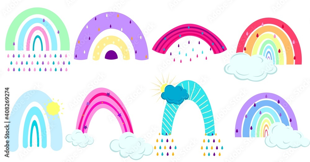 Aufkleber hand-drawn abstract rainbow in the sky in cartoon style. template for a logo. vector set. childrens 