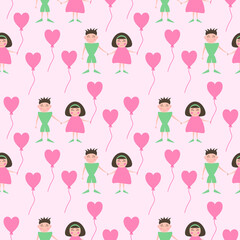 Vector seamless pattern with smiling couple in love with pink heart shaped air balloon in flat style on a light pink background. Design element for Valentine's Day, postcard, textile, packing, print.