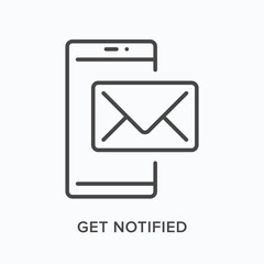 Phone notification flat line icon. Vector outline illustration of mobile reminder. Black thin linear pictogram for inbox message