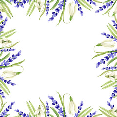 frame with delicate spring flowers watercolor illustration on white background. hand-painted	
