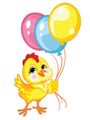 Little cute funny yellow chicken with balloons