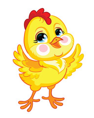 Little cute funny yellow standing and smiling chicken