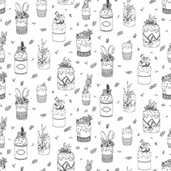 Easter cake seamlessly pattern. Pannettone, Paska, Pudding. Doodle hand draw vector item. Outline illustration. Perfect for holiday design packaging, paper. Easter holiday white and black background.