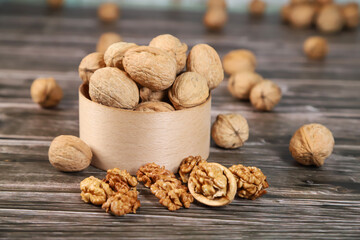 Nuts on wooden background