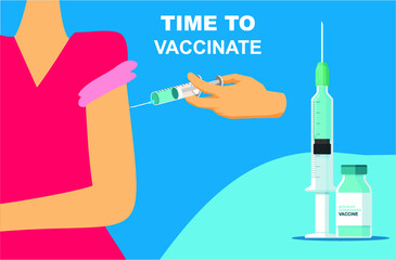 Time to Vaccinate. Corona Virus, Covid-19 vaccination awareness concept. Flat style illustration.	