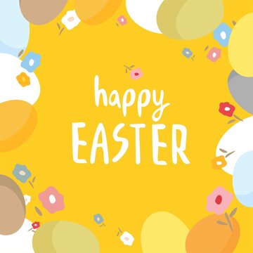 Happy Easter banner template. Square frame of colored eggs, flowers, lettering in flat style in the trending color of 2021. Background, card, invitation for the spring holiday. Vector illustration