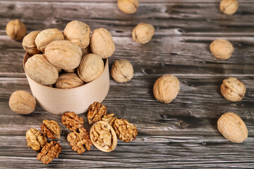 Nuts on wooden background
