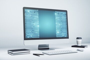 Creative abstract micro chip hologram on modern computer monitor, artificial intelligence and machine learning concept. 3D Rendering