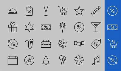 Simple set of celebration icons related to vector line. Contains icons such as music, new year, stars, balls, cake, karaoke, dj and much more. Editable stroke. 480x480