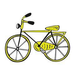 Beautiful yellow bicycle hand-drawn. Image isolated on white background.
