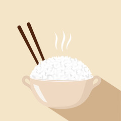 Rice bowl and chopsticks icon on pastel background vector illustration.