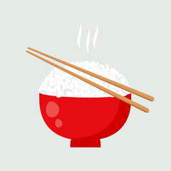 Rice bowl and chopsticks icon on white background vector illustration.